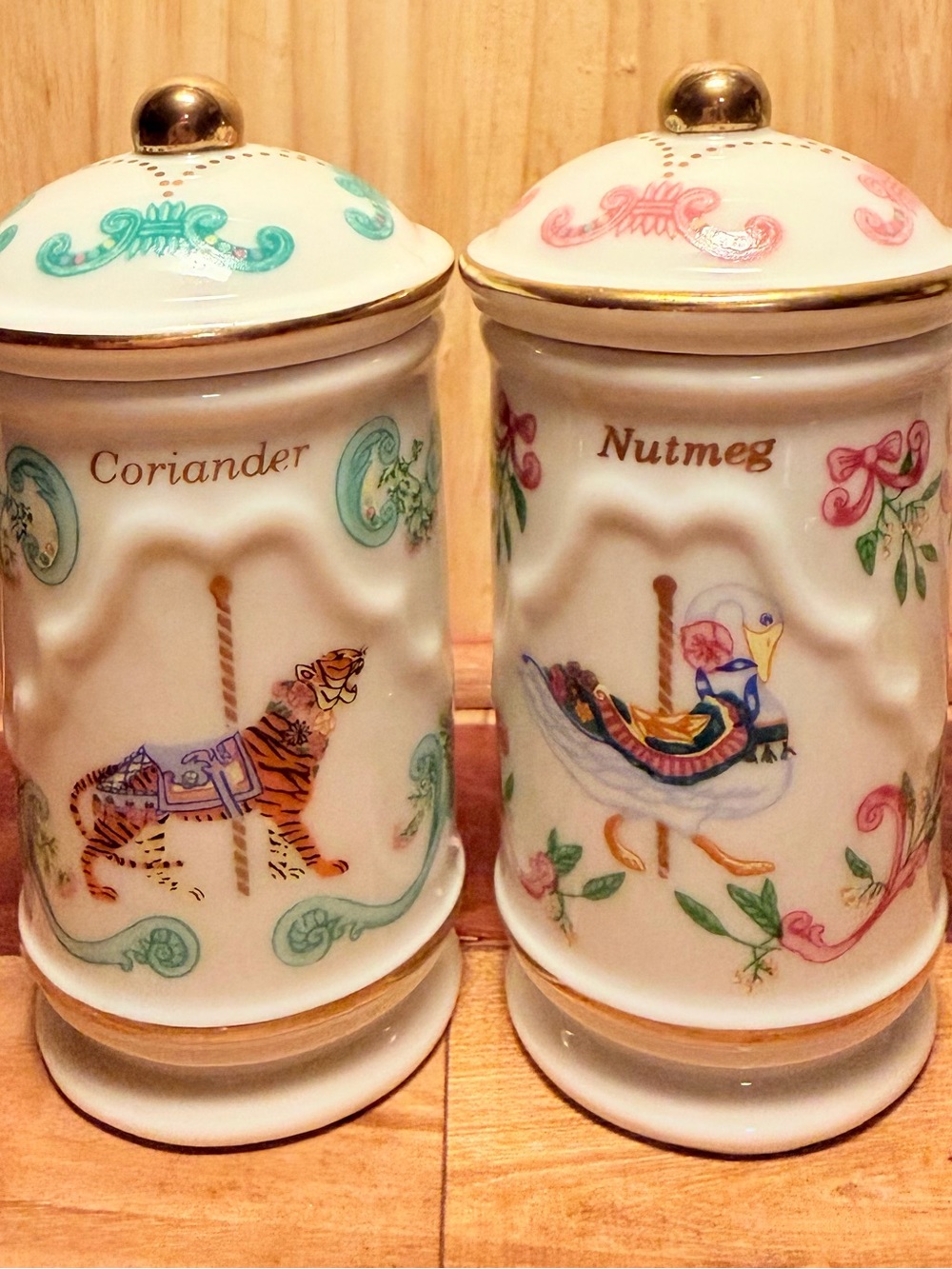 Lenox Porcelain Spice Jars with Teal, Pink & Gold Accents